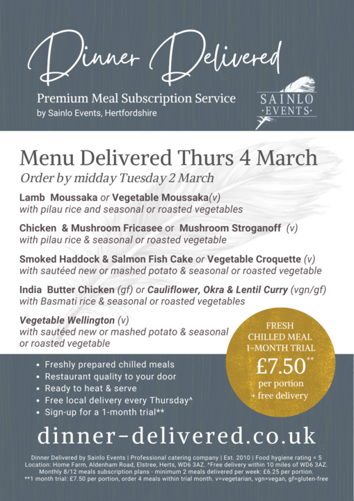 Dinner delivered menu from sainlo events 4th march