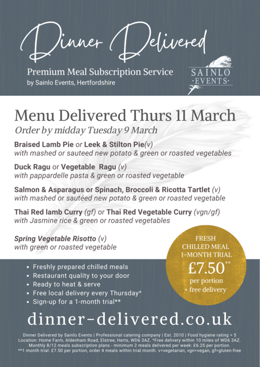 sainlo events dinner delivered menu 11 march