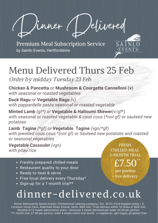 dinner delivered menu from sainlo events 25 february